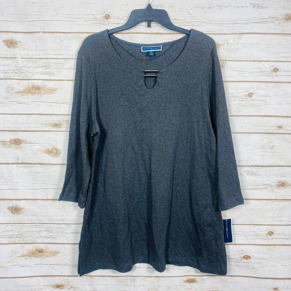 Karen Scott Women 3/4 Sleeve Top Metal Bar Detail Cutout Grey Size XXL